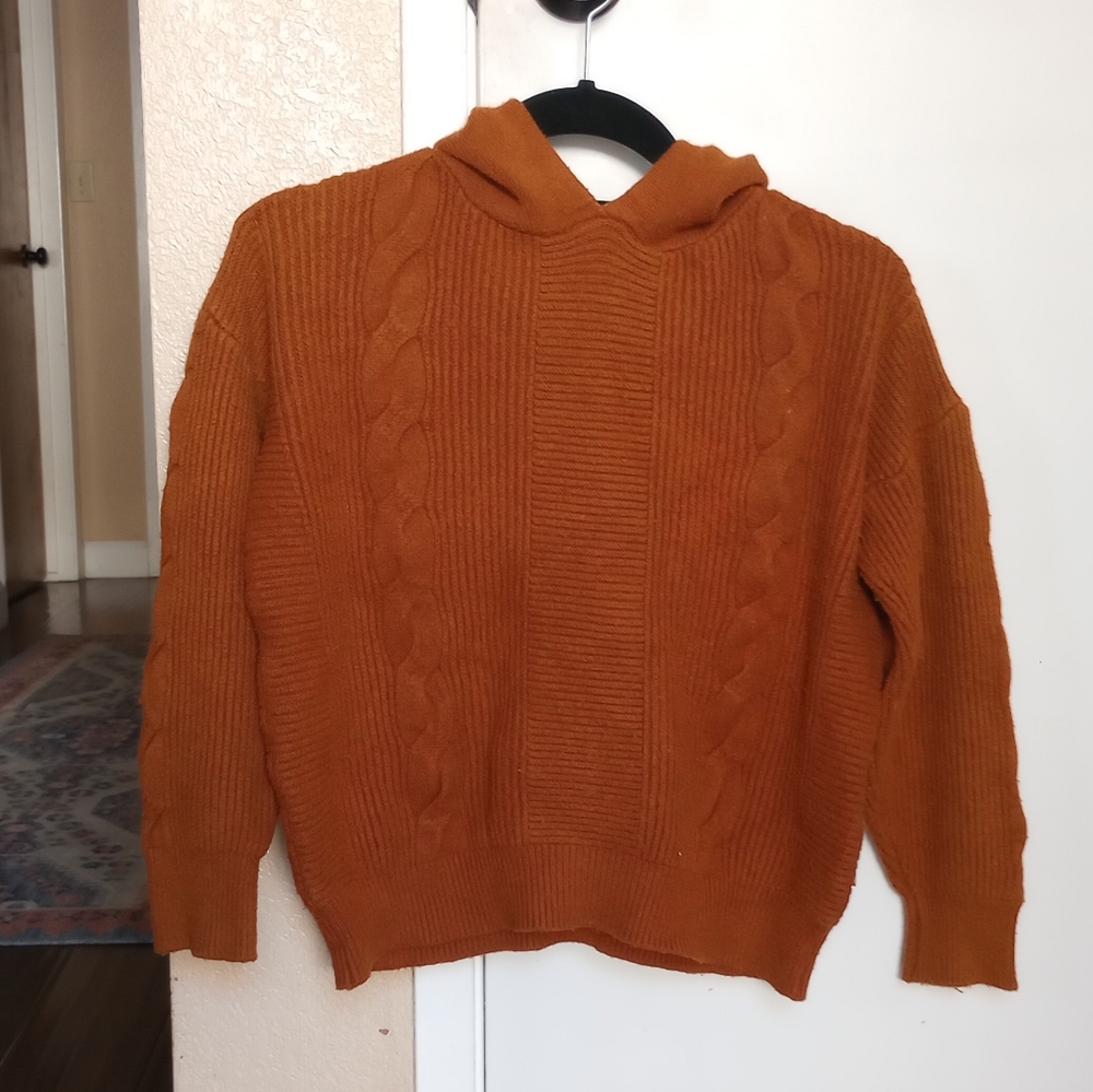 Rust Orange Cable Knit Soft Stretchy Hooded Sweater